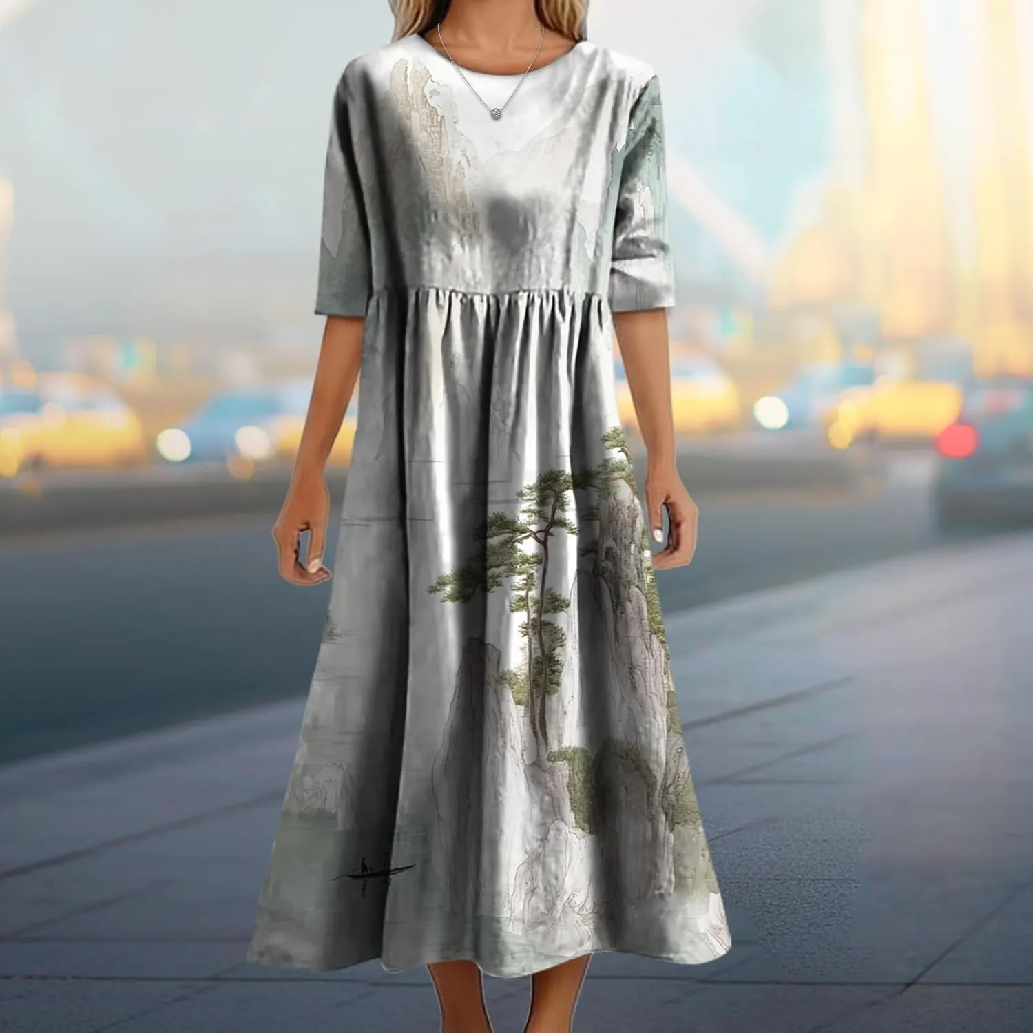 Women's Summer Maxi Dress Casual Boho Stylish Cotton Short Sleeve Flowy High Waist Long Beach Sundress