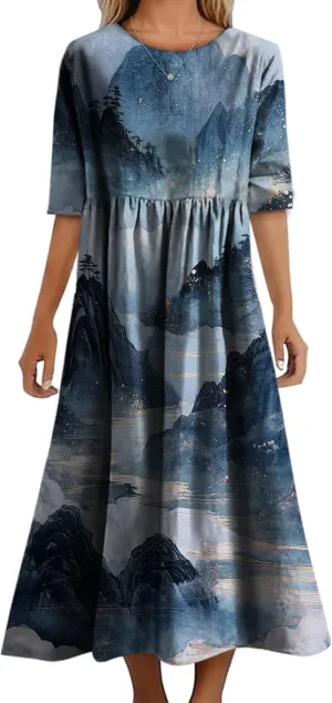 Women's Summer Maxi Dress Casual Boho Stylish Cotton Short Sleeve Flowy High Waist Long Beach Sundress