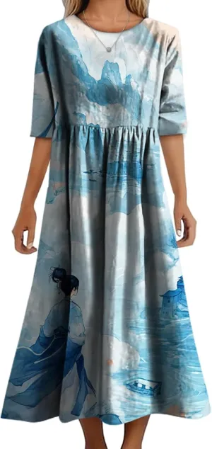 Women's Summer Maxi Dress Casual Boho Stylish Cotton Short Sleeve Flowy High Waist Long Beach Sundress