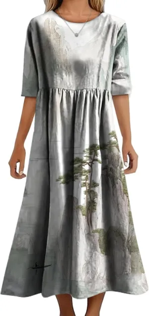 Women's Summer Maxi Dress Casual Boho Stylish Cotton Short Sleeve Flowy High Waist Long Beach Sundress