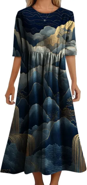 Women's Summer Maxi Dress Casual Boho Stylish Cotton Short Sleeve Flowy High Waist Long Beach Sundress