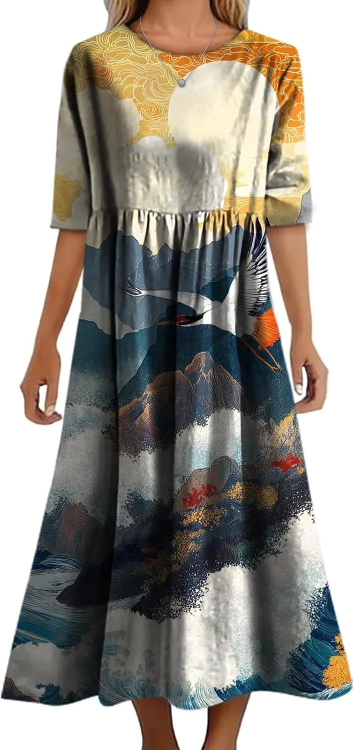Women's Summer Maxi Dress Casual Boho Stylish Cotton Short Sleeve Flowy High Waist Long Beach Sundress