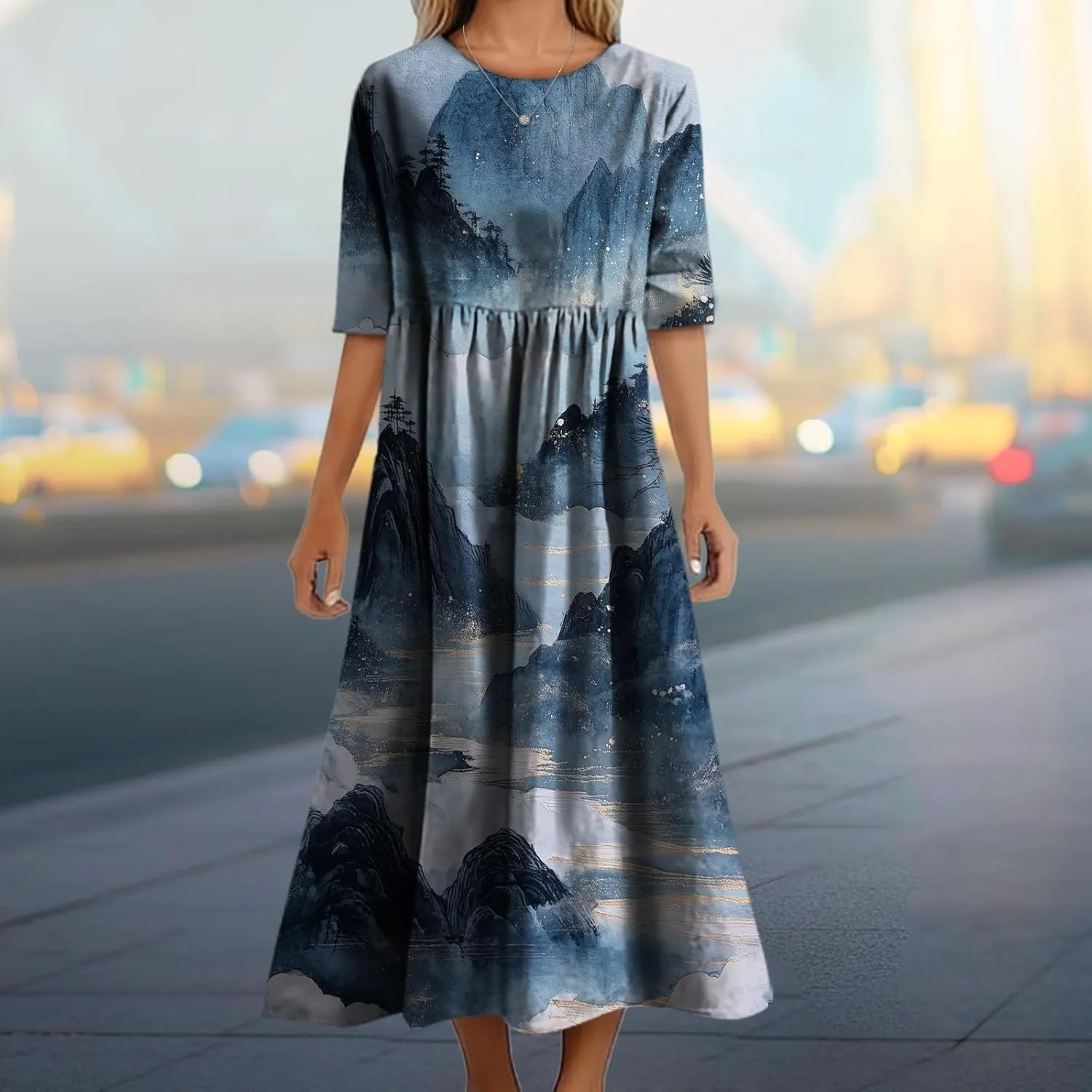 Women's Summer Maxi Dress Casual Boho Stylish Cotton Short Sleeve Flowy High Waist Long Beach Sundress