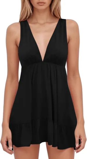 Womens Summer Mini Dress Loose Ruffle Deep V-Neck Sleeveless Backless Strap Pleated Short Tank Casual Sundress