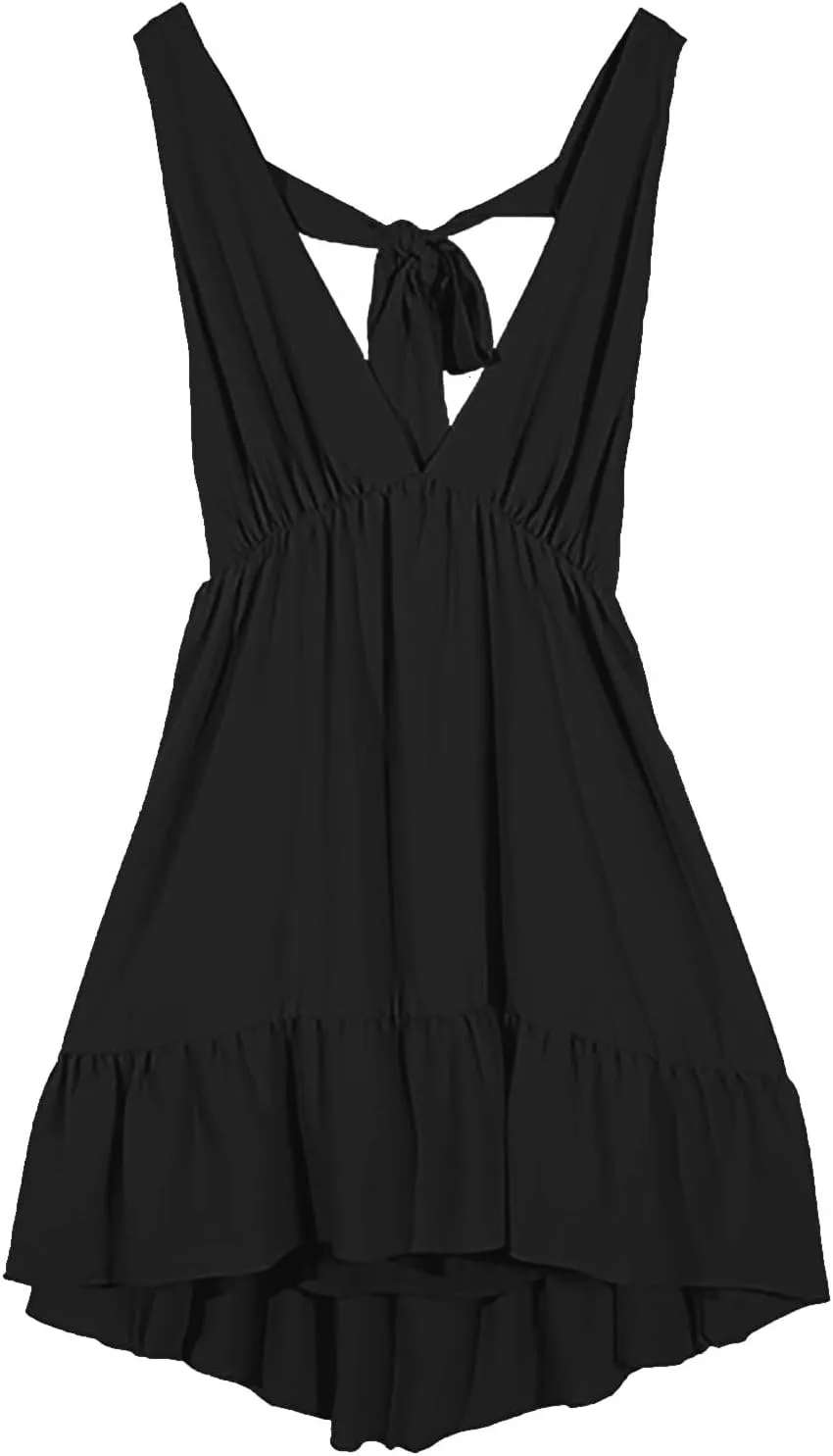 Womens Summer Mini Dress Loose Ruffle Deep V-Neck Sleeveless Backless Strap Pleated Short Tank Casual Sundress