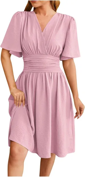 Women's Summer Ruched Wrap Dress Short Flare Sleeve V Neck Dresses Casual Midi Sundresses Lightweight Flowy Dress