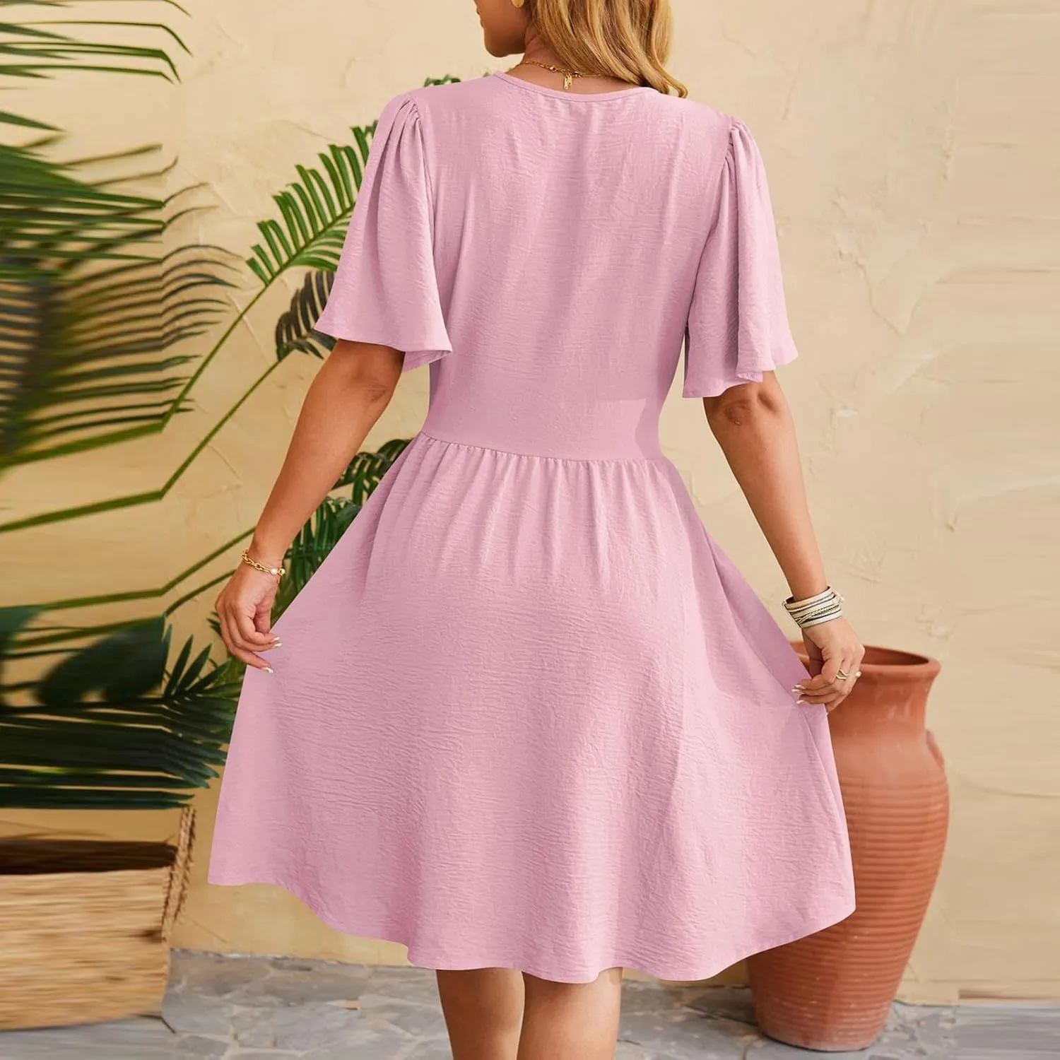 Women's Summer Ruched Wrap Dress Short Flare Sleeve V Neck Dresses Casual Midi Sundresses Lightweight Flowy Dress