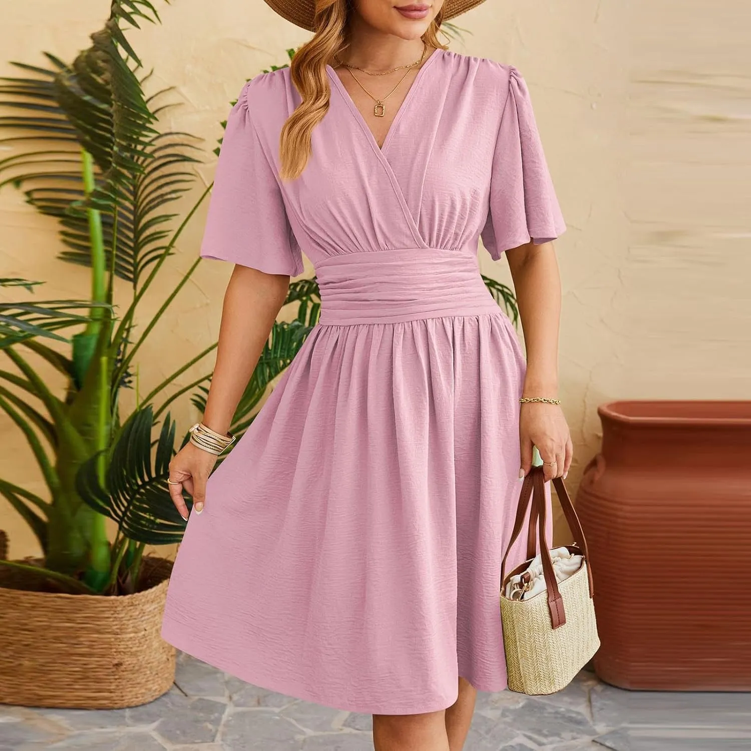 Women's Summer Ruched Wrap Dress Short Flare Sleeve V Neck Dresses Casual Midi Sundresses Lightweight Flowy Dress