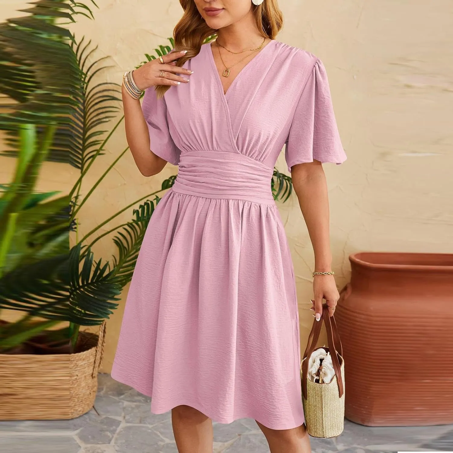 Women's Summer Ruched Wrap Dress Short Flare Sleeve V Neck Dresses Casual Midi Sundresses Lightweight Flowy Dress