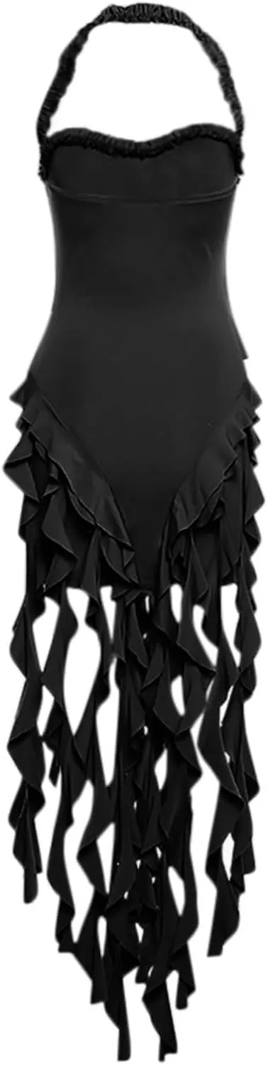 Womens Summer Ruffle Fringe Mini Dress Sexy Halter Neck Backless Cocktail Party Club Bodycon Bodycon Tassel Dresses