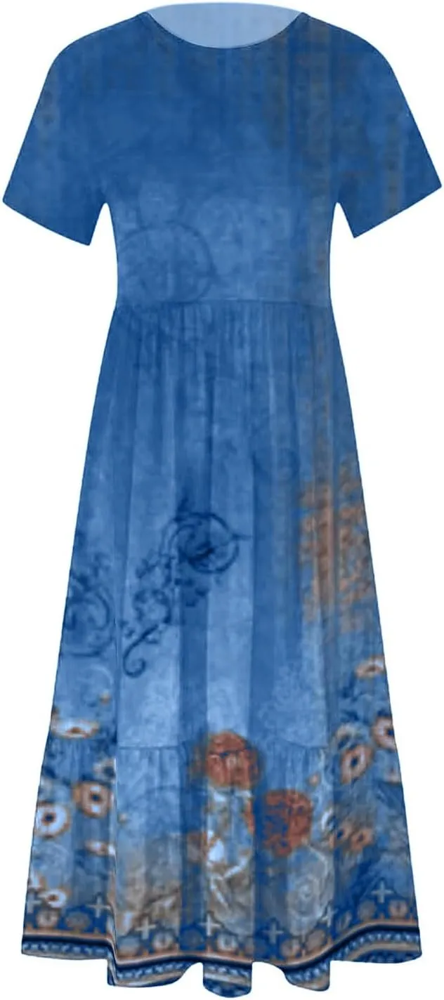 Women's Summer Short Sleeve A-Line Midi Dresses Casual Floral T-Shirt Dress Flowy Beach Sundress with Pockets
