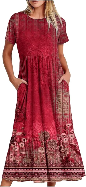 Women's Summer Short Sleeve A-Line Midi Dresses Casual Floral T-Shirt Dress Flowy Beach Sundress with Pockets