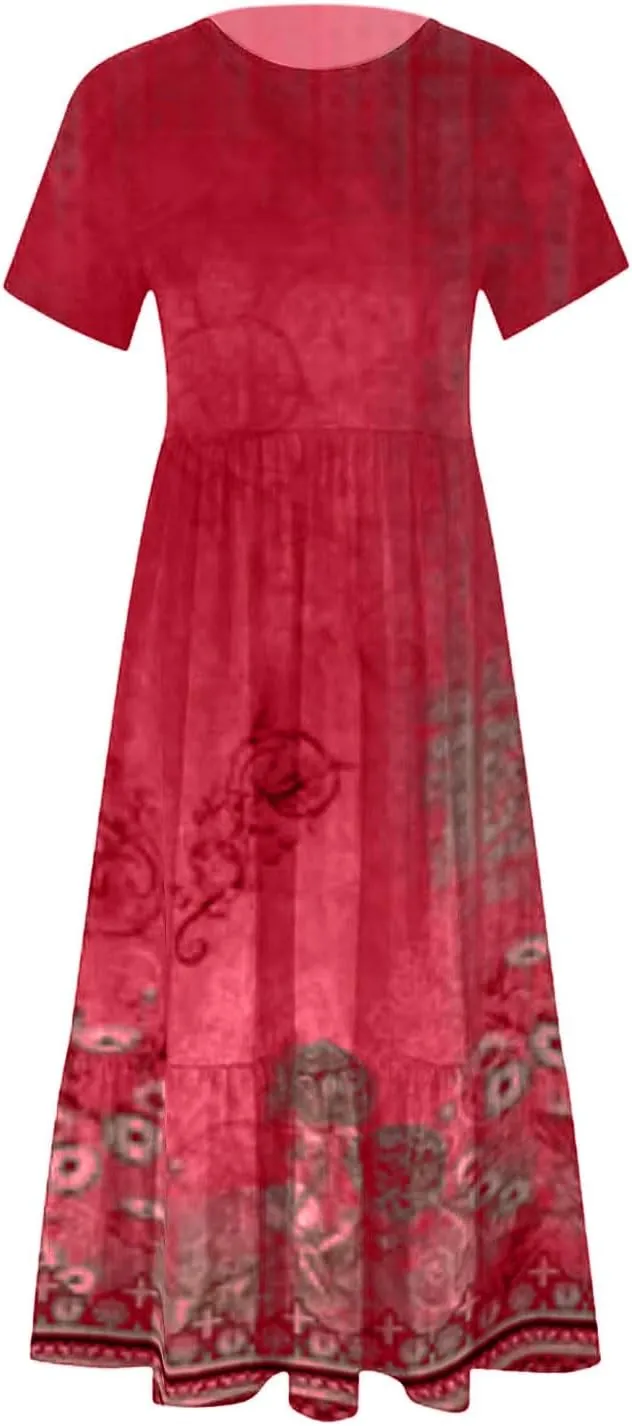 Women's Summer Short Sleeve A-Line Midi Dresses Casual Floral T-Shirt Dress Flowy Beach Sundress with Pockets