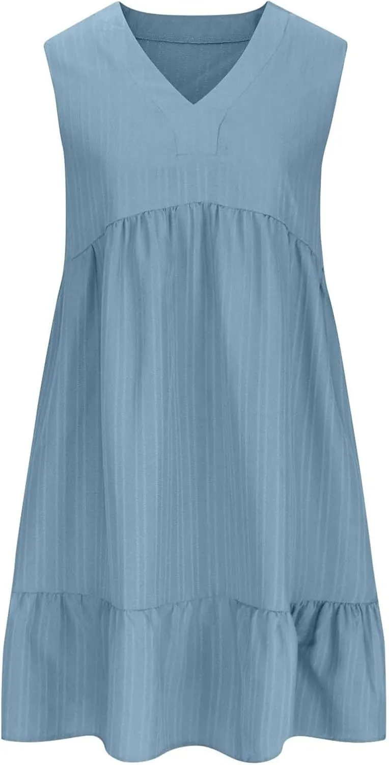 Womens Summer Short Sleeve Dresses V Neck Casual Solid Ruffle Tiered Layered Flowy A-Line Dress 2025 Beach Vacation
