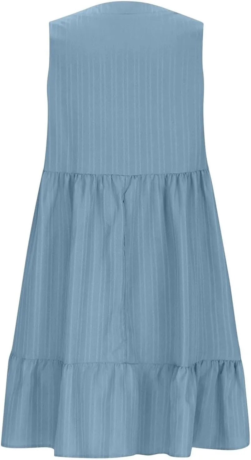 Womens Summer Short Sleeve Dresses V Neck Casual Solid Ruffle Tiered Layered Flowy A-Line Dress 2025 Beach Vacation