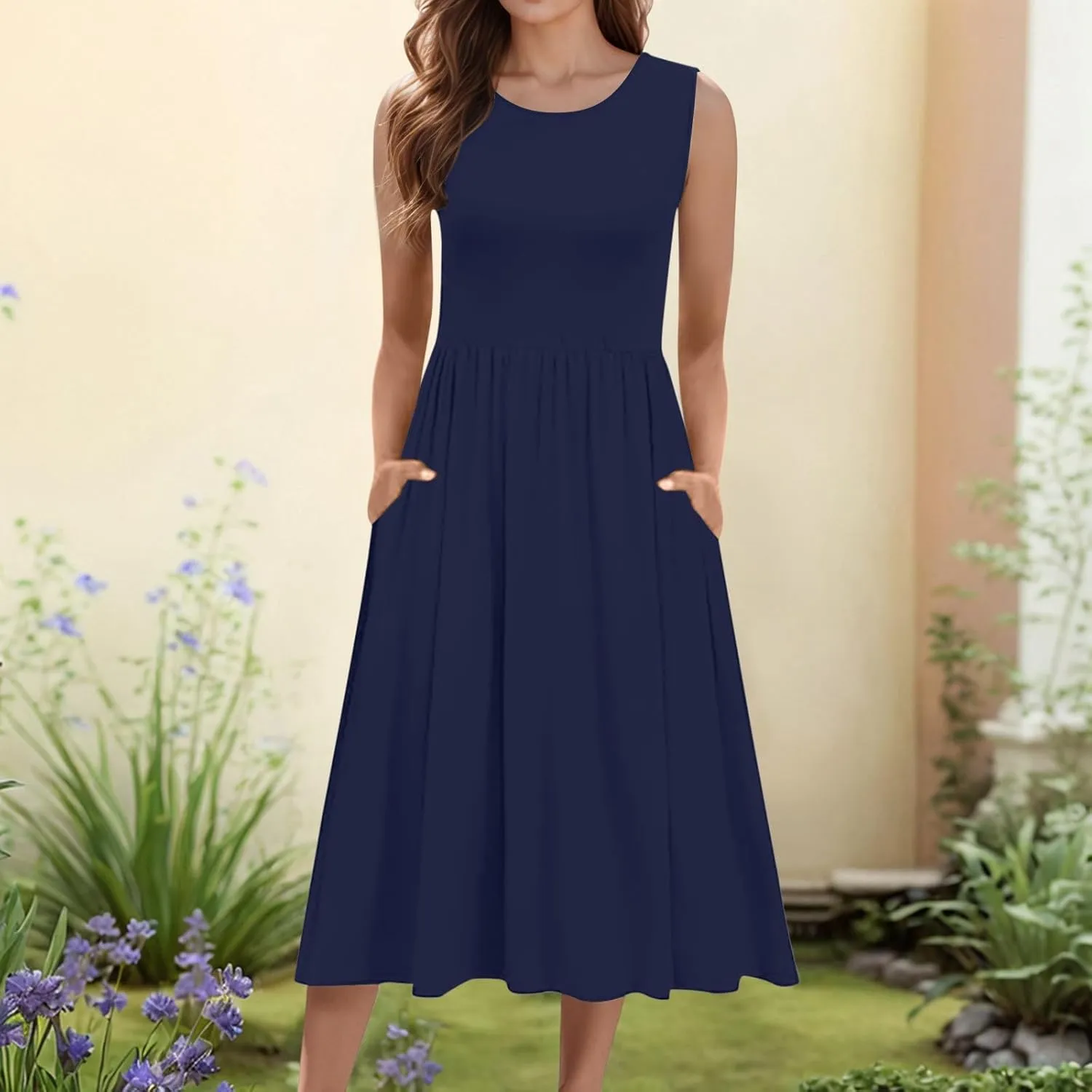 Women's Summer Sleeveless Midi Sundress Swing Casual Flowy Tiered Shirts Dress Beach Travel Vacation Outfits with Pockets