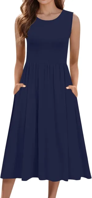 Women's Summer Sleeveless Midi Sundress Swing Casual Flowy Tiered Shirts Dress Beach Travel Vacation Outfits with Pockets