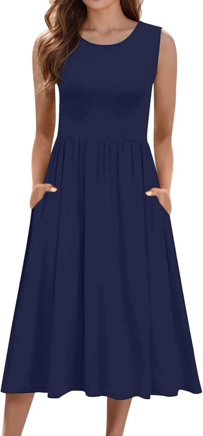 Women's Summer Sleeveless Midi Sundress Swing Casual Flowy Tiered Shirts Dress Beach Travel Vacation Outfits with Pockets