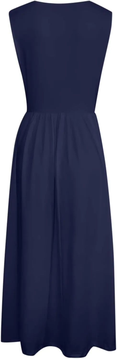 Women's Summer Sleeveless Midi Sundress Swing Casual Flowy Tiered Shirts Dress Beach Travel Vacation Outfits with Pockets
