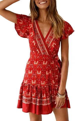 Womens Summer Wrap V Neck Dresses Bohemian Floral Print Ruffle Swing A Line Beach Mini Dress