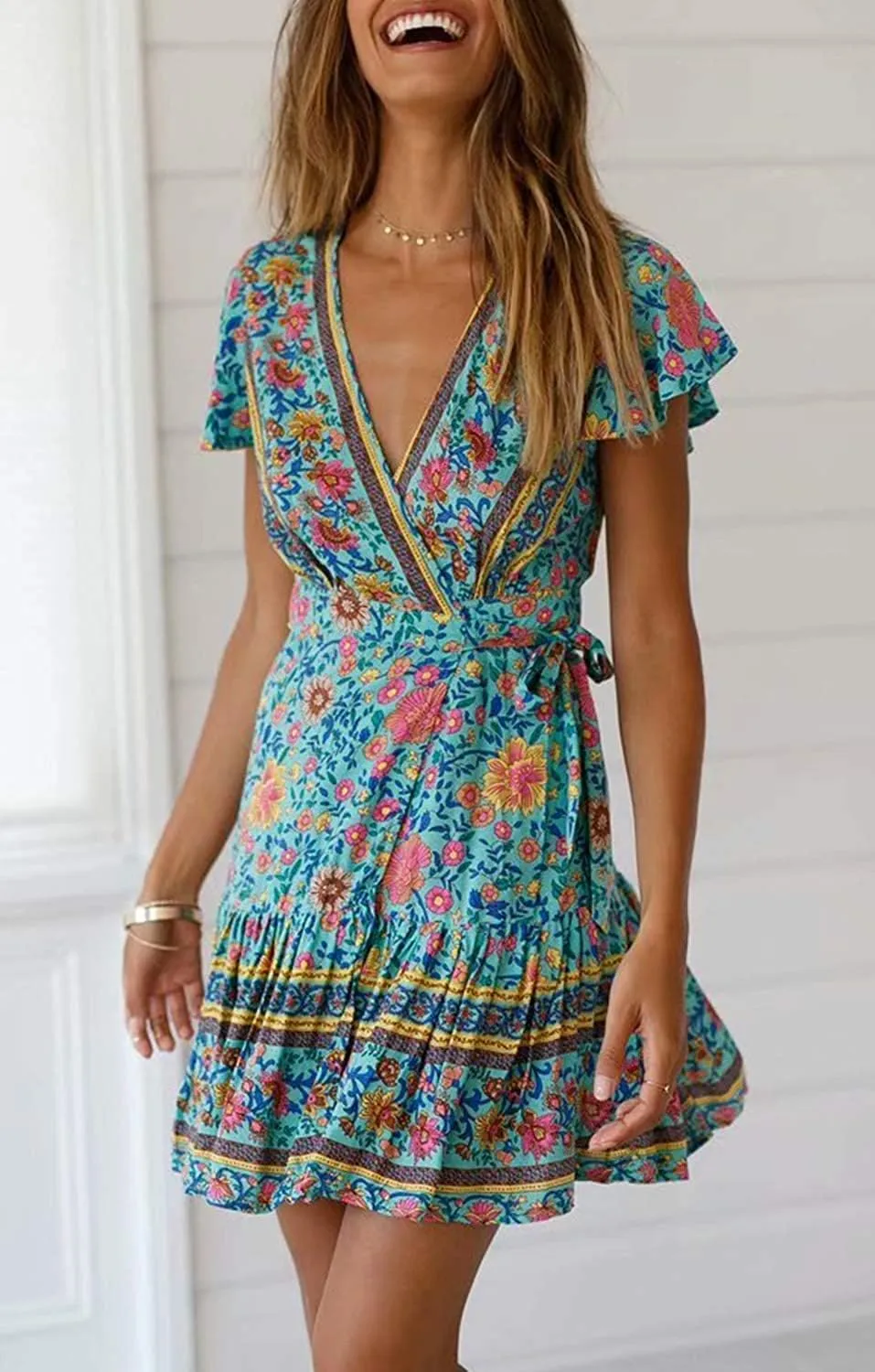 Womens Summer Wrap V Neck Dresses Bohemian Floral Print Ruffle Swing A Line Beach Mini Dress