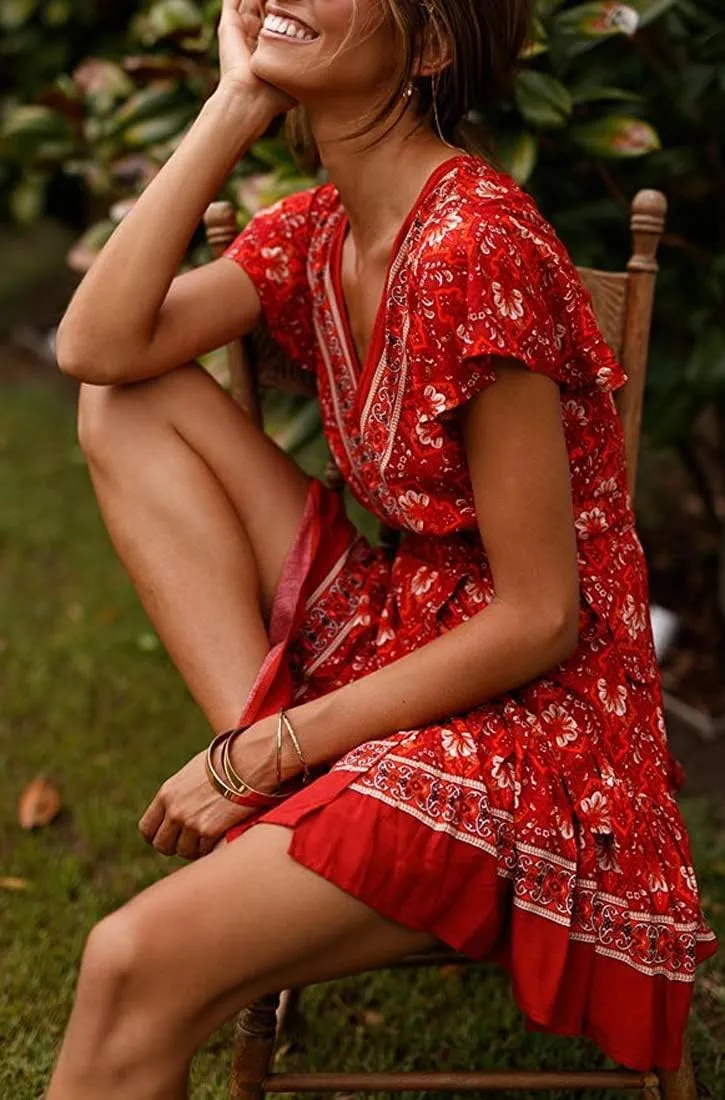 Womens Summer Wrap V Neck Dresses Bohemian Floral Print Ruffle Swing A Line Beach Mini Dress