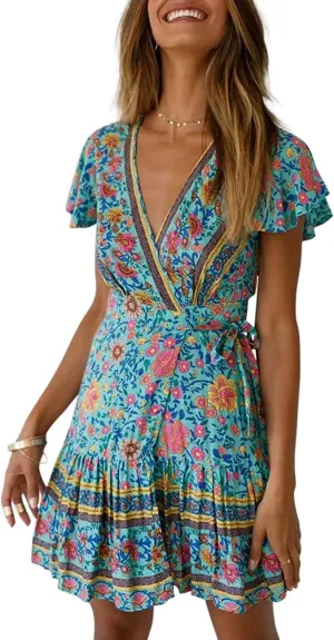 Womens Summer Wrap V Neck Dresses Bohemian Floral Print Ruffle Swing A Line Beach Mini Dress
