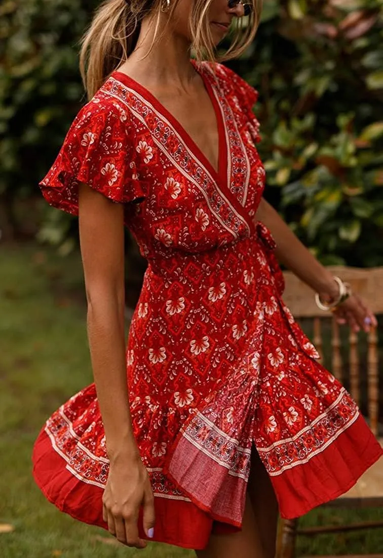 Womens Summer Wrap V Neck Dresses Bohemian Floral Print Ruffle Swing A Line Beach Mini Dress