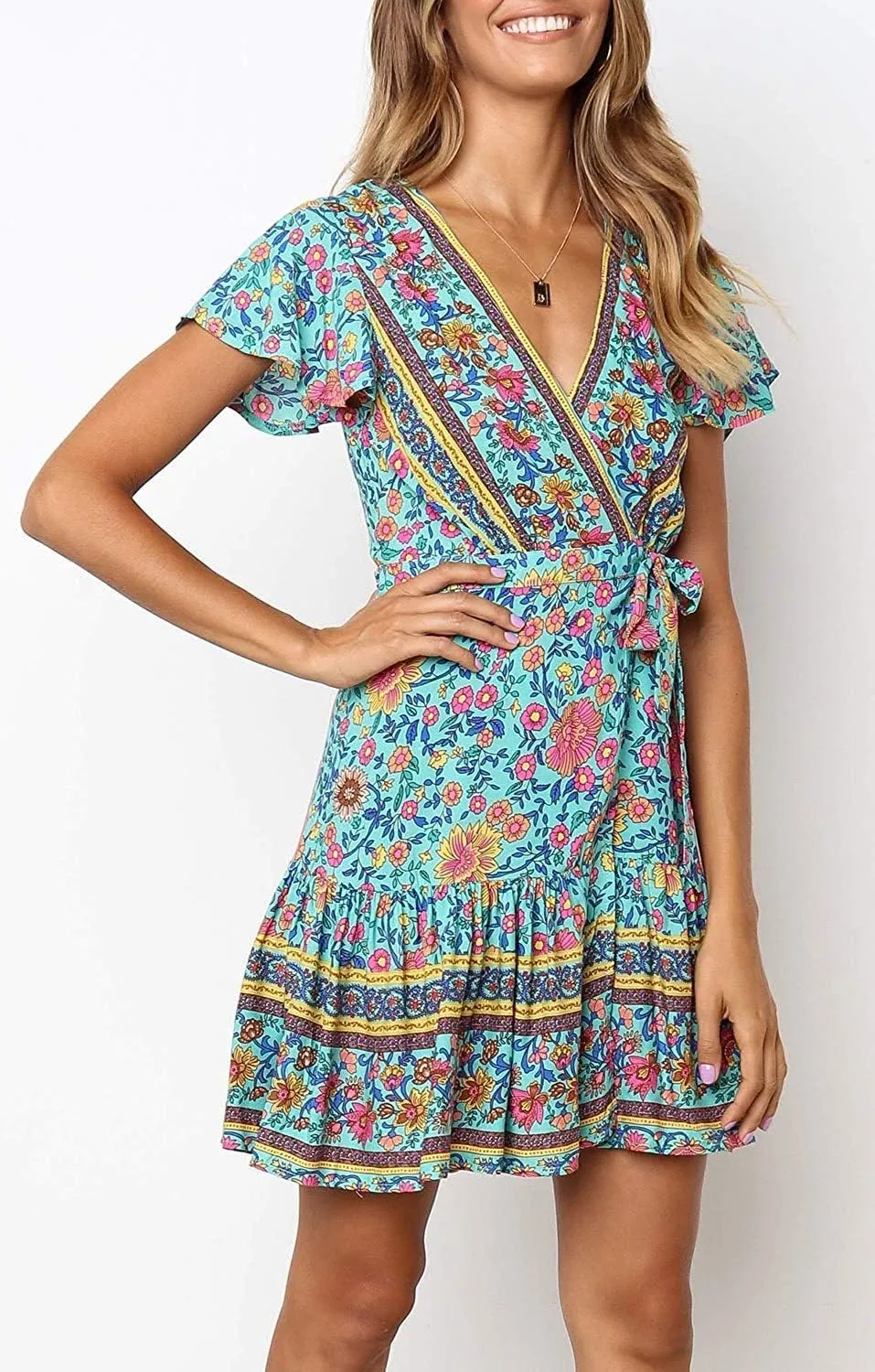 Womens Summer Wrap V Neck Dresses Bohemian Floral Print Ruffle Swing A Line Beach Mini Dress