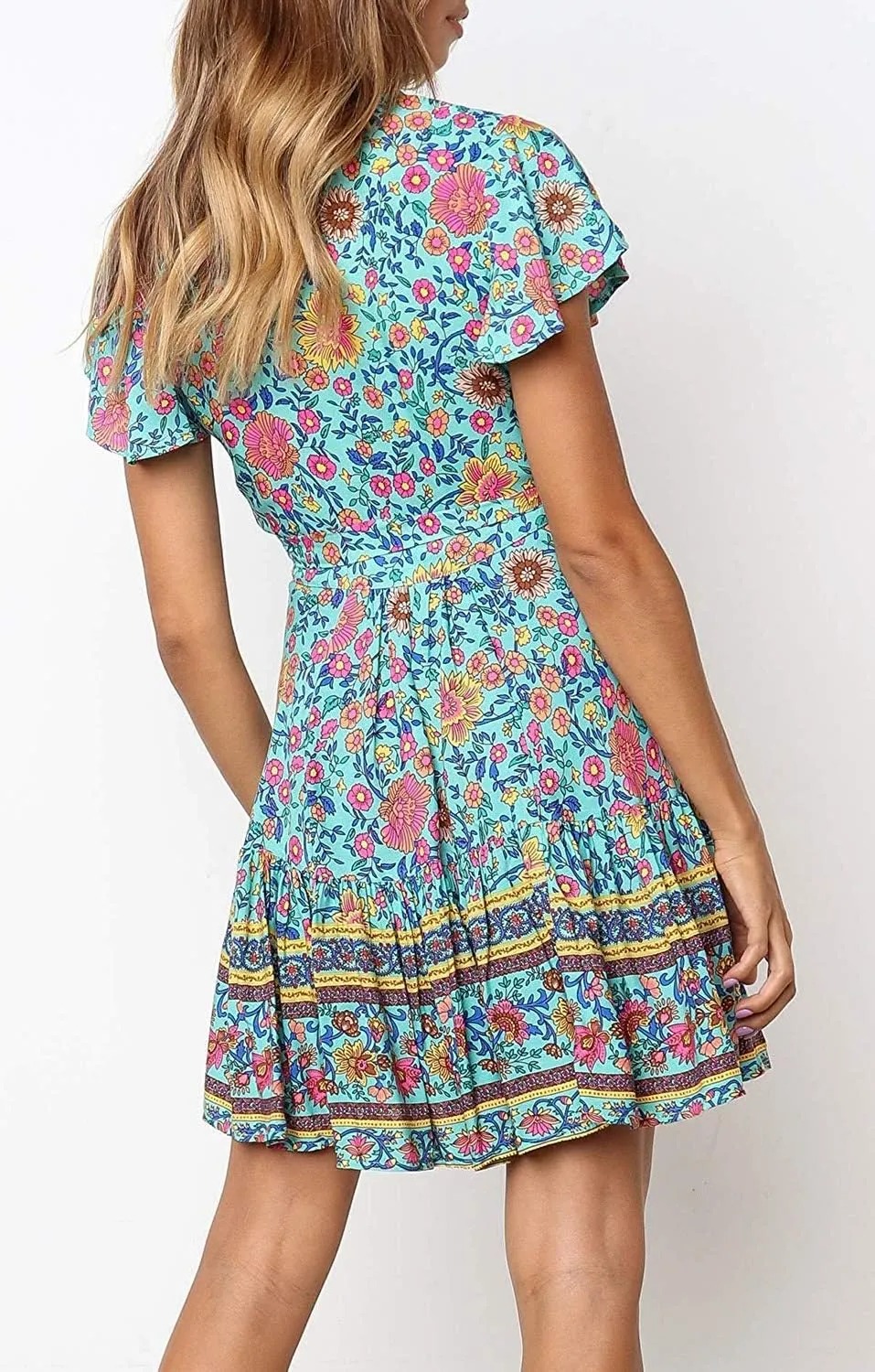 Womens Summer Wrap V Neck Dresses Bohemian Floral Print Ruffle Swing A Line Beach Mini Dress
