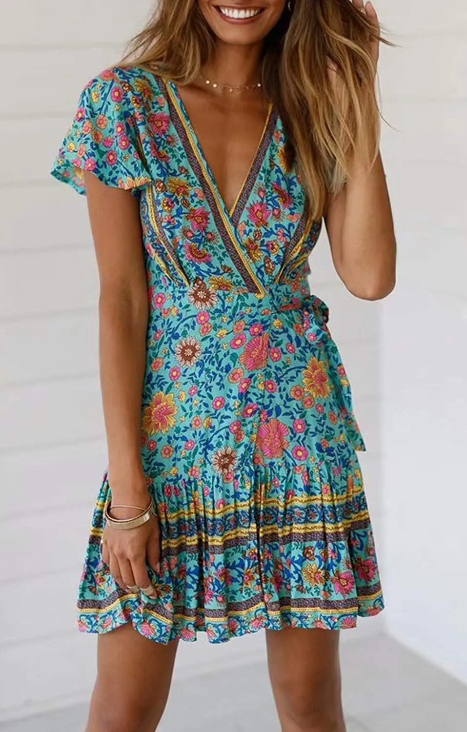 Womens Summer Wrap V Neck Dresses Bohemian Floral Print Ruffle Swing A Line Beach Mini Dress
