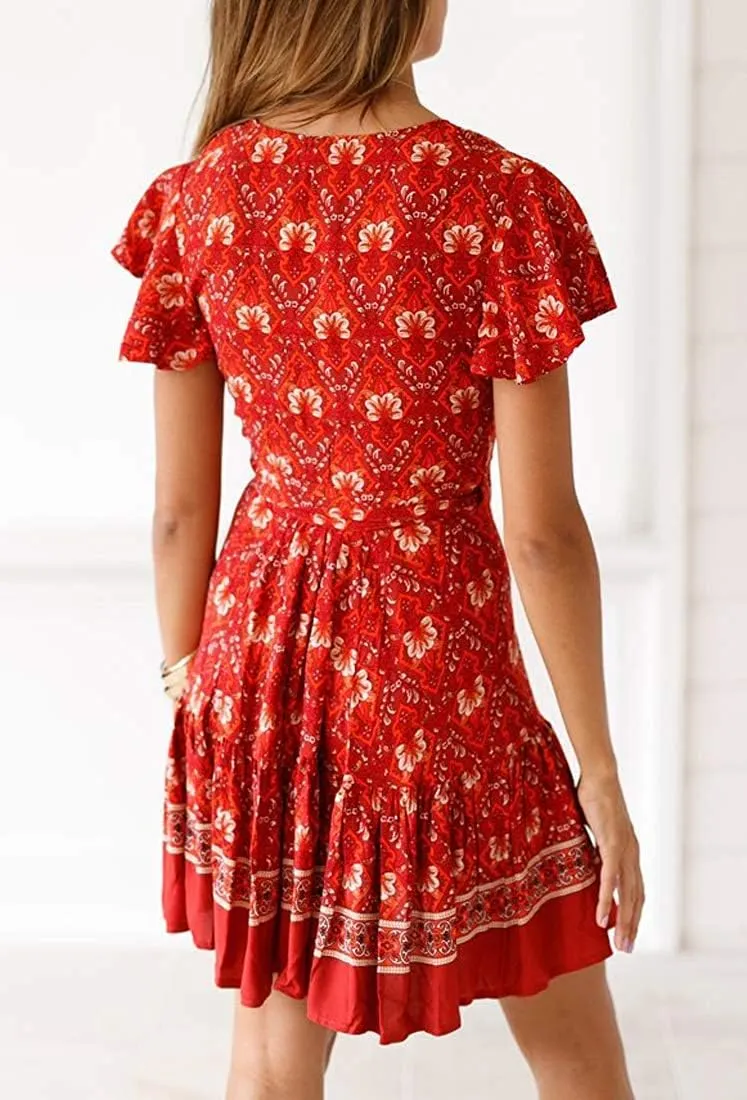 Womens Summer Wrap V Neck Dresses Bohemian Floral Print Ruffle Swing A Line Beach Mini Dress