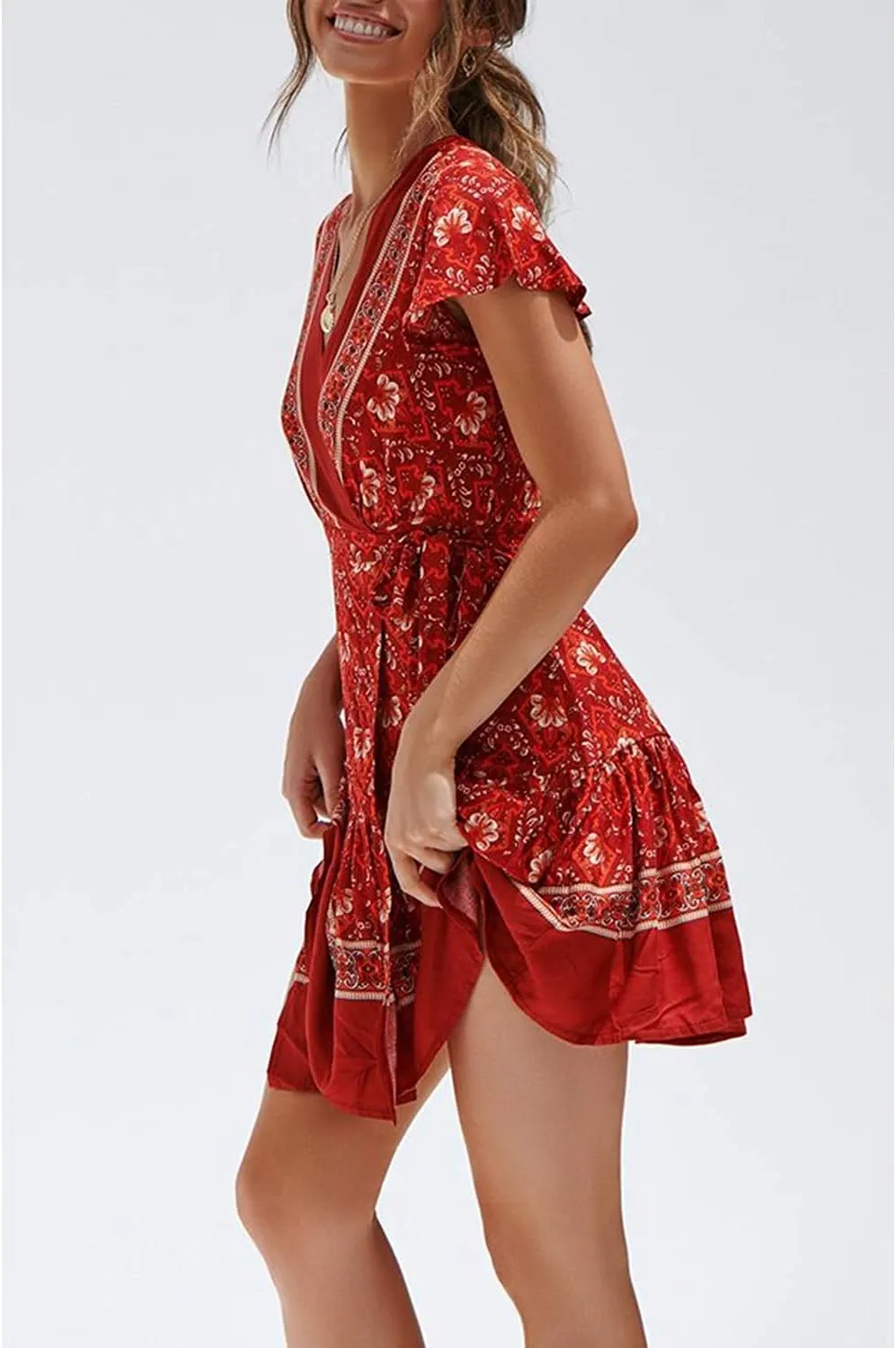 Womens Summer Wrap V Neck Dresses Bohemian Floral Print Ruffle Swing A Line Beach Mini Dress