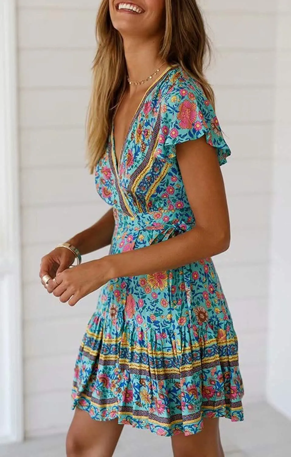 Womens Summer Wrap V Neck Dresses Bohemian Floral Print Ruffle Swing A Line Beach Mini Dress