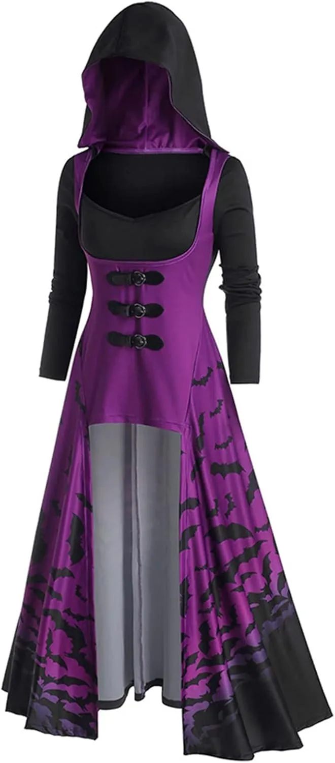 Women's Vintage Hoodies Cloak Halloween Printed Punk Style Long Sleeve Plus Size Midi Hood Pullover Shirts Dresses