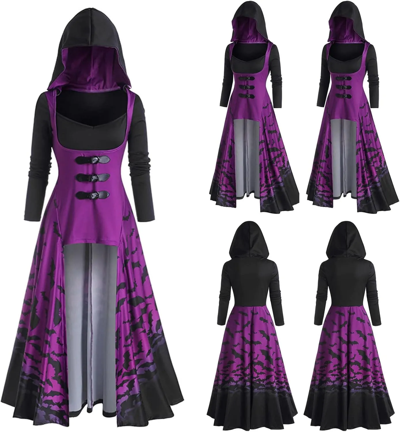 Women's Vintage Hoodies Cloak Halloween Printed Punk Style Long Sleeve Plus Size Midi Hood Pullover Shirts Dresses