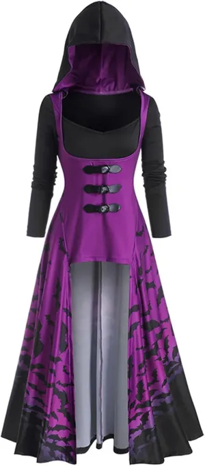 Women's Vintage Hoodies Cloak Halloween Printed Punk Style Long Sleeve Plus Size Midi Hood Pullover Shirts Dresses