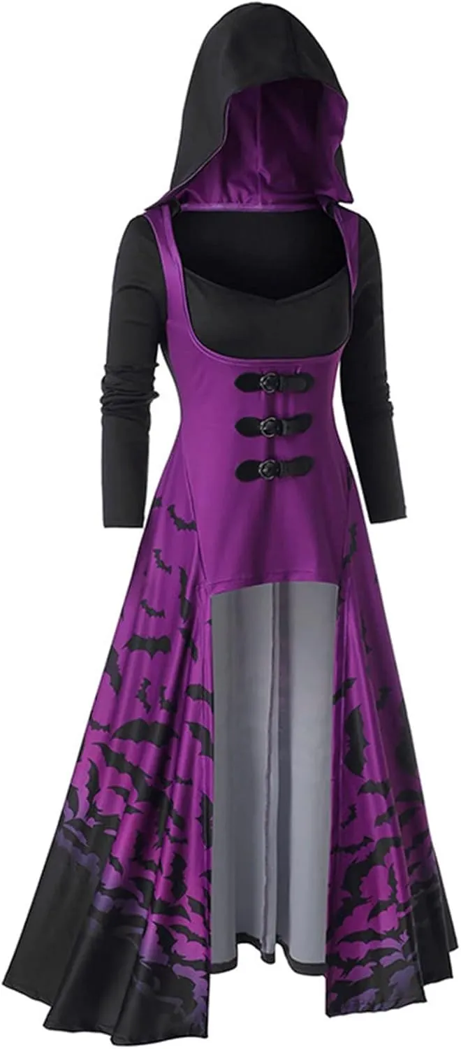 Women's Vintage Hoodies Cloak Halloween Printed Punk Style Long Sleeve Plus Size Midi Hood Pullover Shirts Dresses