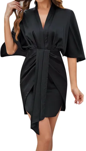 Womens Wrap V Neck Dresses Ruffle Sleeve Belted Plain Ruffle Hem Mini Dress Travel Outfits Wedding Guest Dress