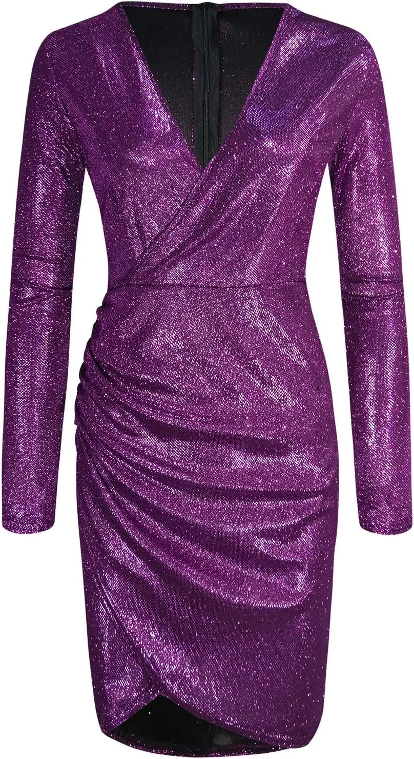 WYTong Womens Sparkly Mini Dress Wrap V Neck New Years Eve Sparkly Dresses Elegant Bodycon Long Sleeve Club Party Dress