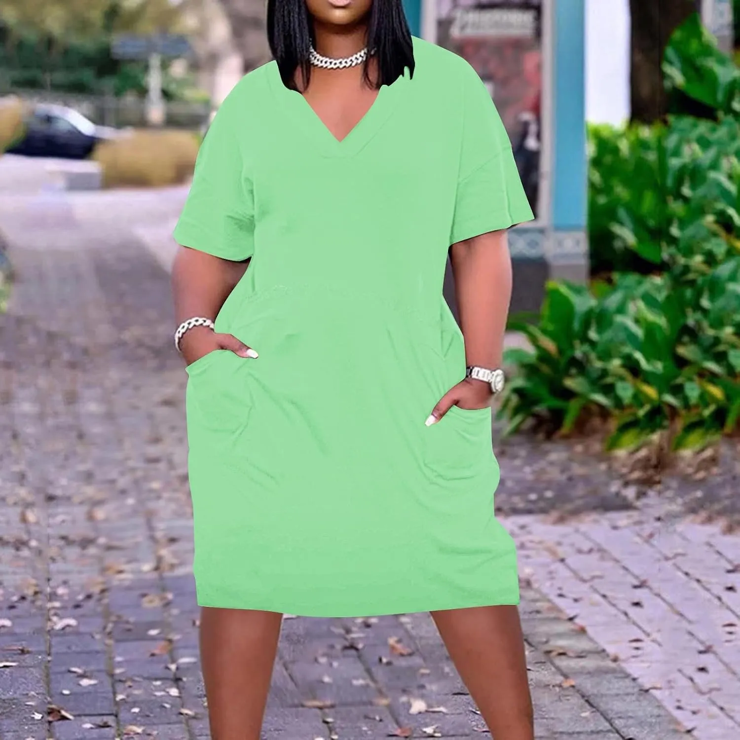 XUNRYAN Summer Womens Tshirt Dresses Plus Size Ladies Midi Dress Short Sleeve Knee Length V-Neck Casual Beach Sundress