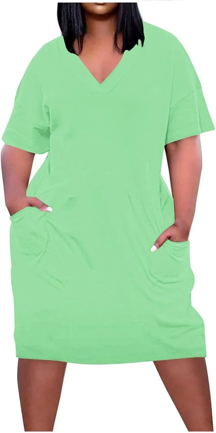 XUNRYAN Summer Womens Tshirt Dresses Plus Size Ladies Midi Dress Short Sleeve Knee Length V-Neck Casual Beach Sundress