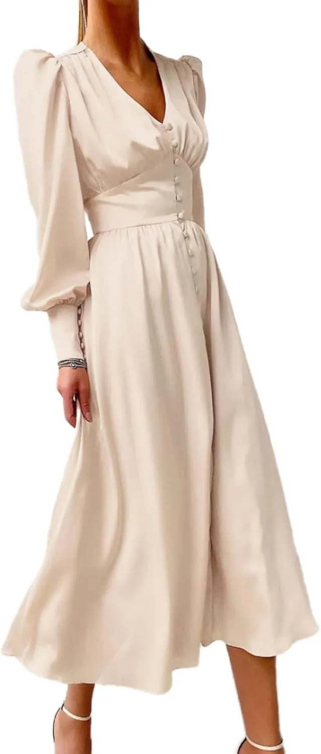 xxxiticat Women's Puff Sleeve Satin Maxi Dress Long Lantern Sleeve Button Down Ruffle Single Breasted Vintage Midi Dresses