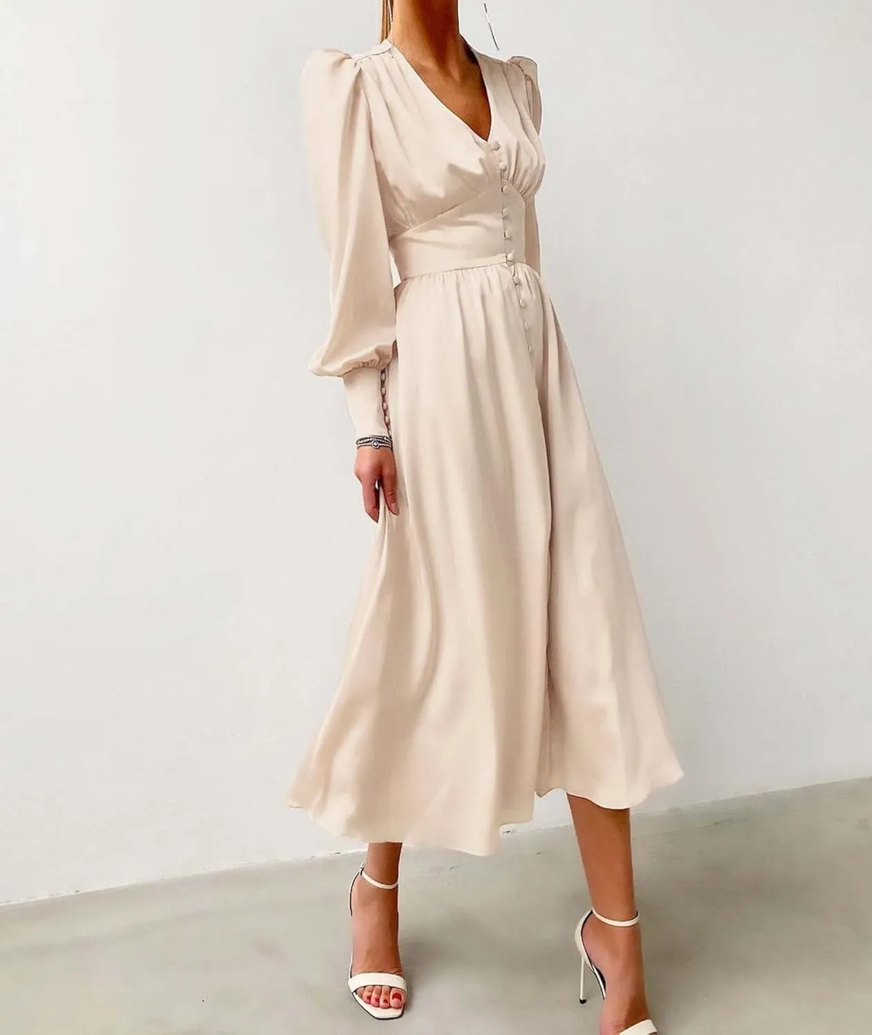 xxxiticat Women's Puff Sleeve Satin Maxi Dress Long Lantern Sleeve Button Down Ruffle Single Breasted Vintage Midi Dresses