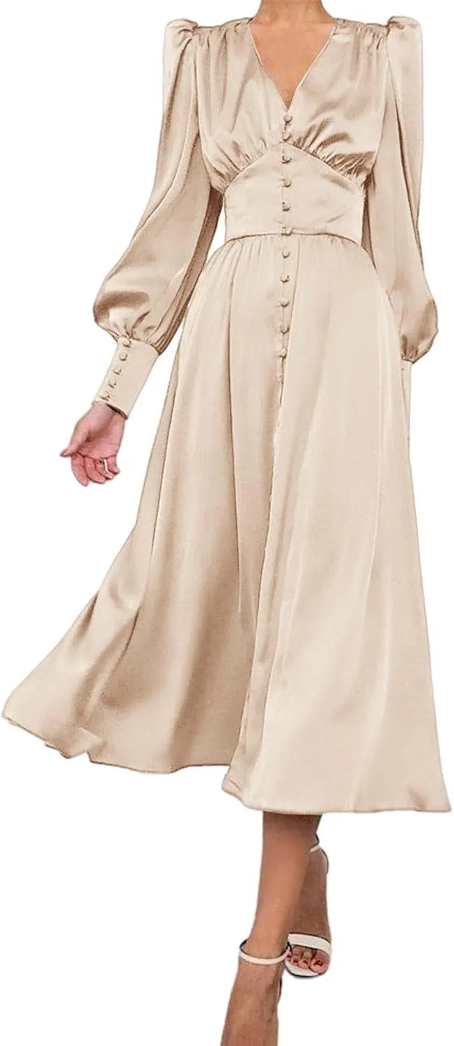 xxxiticat Women's Puff Sleeve Satin Maxi Dress Long Lantern Sleeve Button Down Ruffle Single Breasted Vintage Midi Dresses