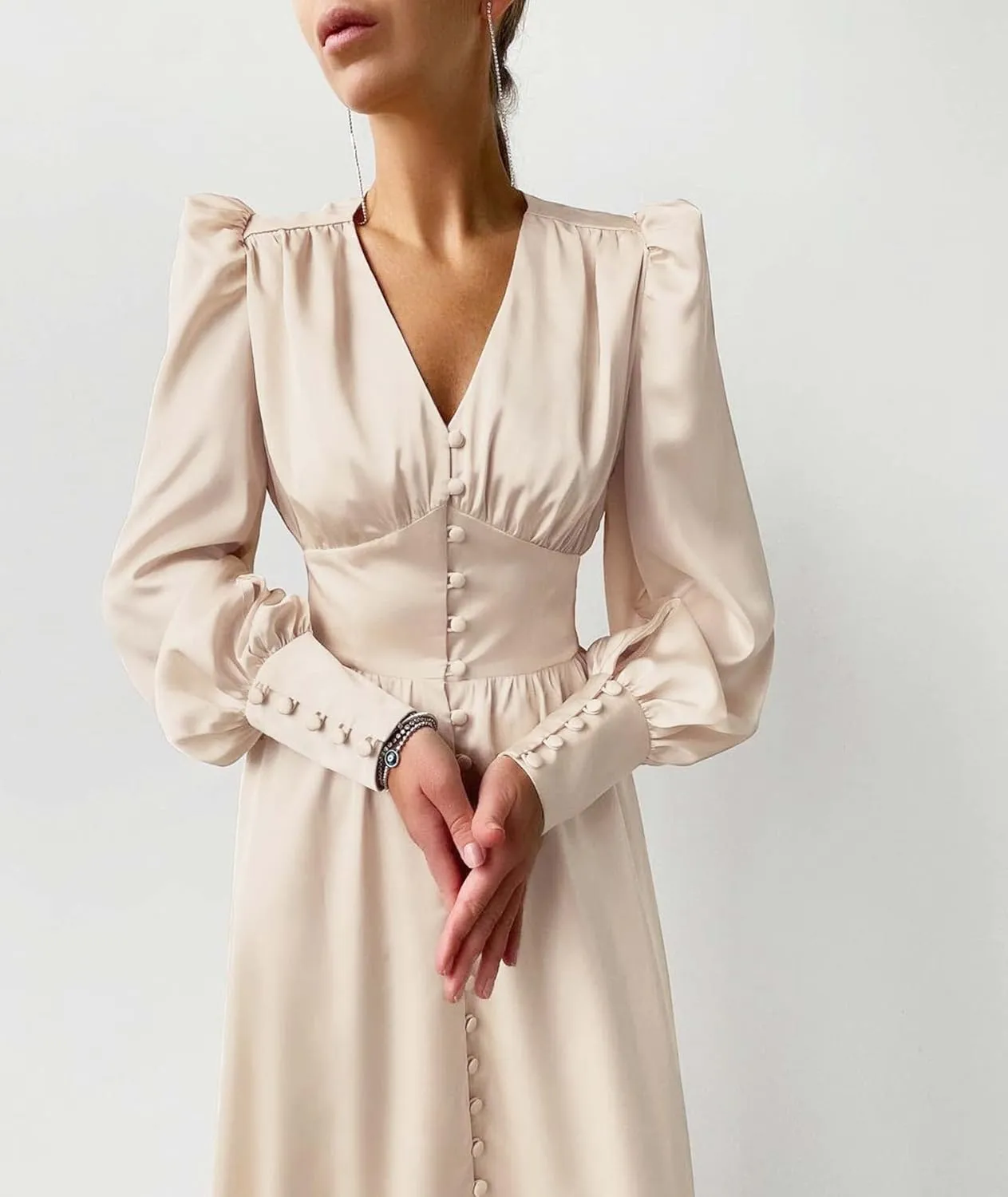 xxxiticat Women's Puff Sleeve Satin Maxi Dress Long Lantern Sleeve Button Down Ruffle Single Breasted Vintage Midi Dresses