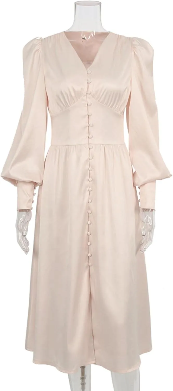 xxxiticat Women's Puff Sleeve Satin Maxi Dress Long Lantern Sleeve Button Down Ruffle Single Breasted Vintage Midi Dresses