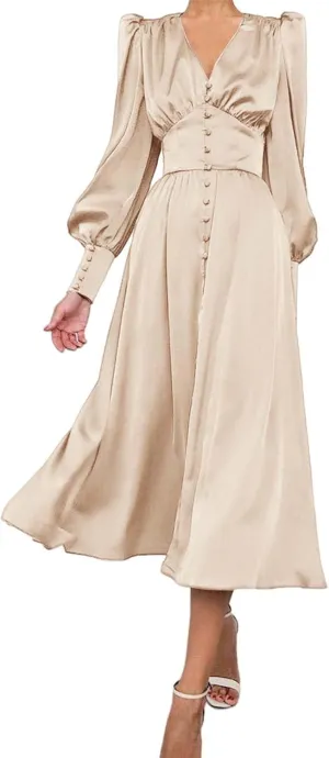 xxxiticat Women's Puff Sleeve Satin Maxi Dress Long Lantern Sleeve Button Down Ruffle Single Breasted Vintage Midi Dresses