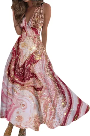Yesunpxs Summer Dresses for Women 2024 Wrap V Neck Flowy Ruched Maxi Dress Sleeveless Printed Beach Dresses Boho Sundresses