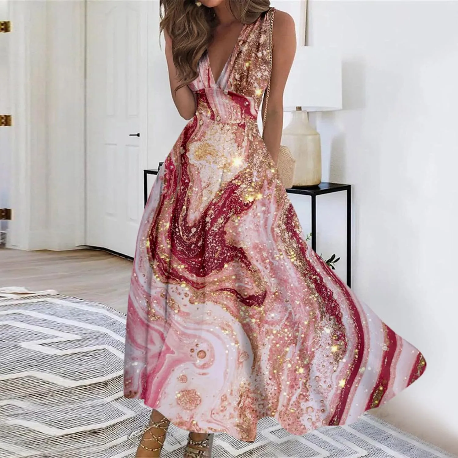 Yesunpxs Summer Dresses for Women 2024 Wrap V Neck Flowy Ruched Maxi Dress Sleeveless Printed Beach Dresses Boho Sundresses